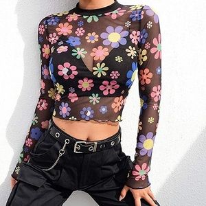 Mesh see through long sleeve crop top